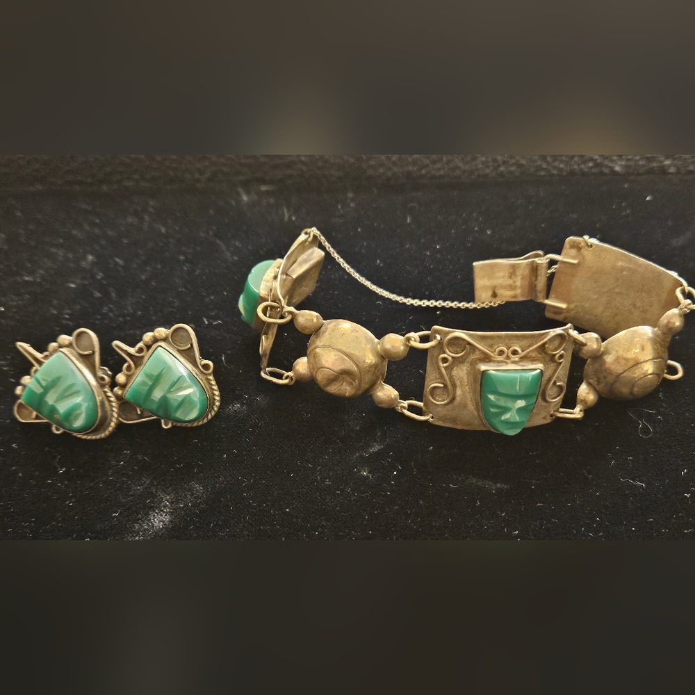 Vintage Silver w/ Green Onyx Bracelet and Earrings Taxco Mexico *Rare*